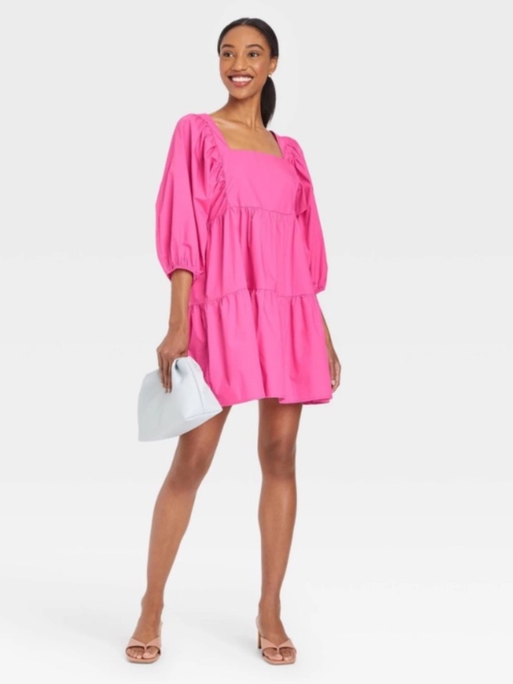 A New Day Pink Babydoll Puff Sleeve Mini Dress Target 100% Cotton Summer Size XS